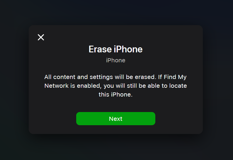 Apple Erase iPhone screen, highlighting the Next button.