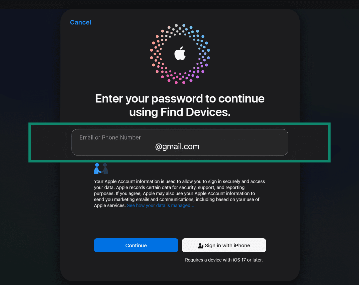 Apple Find Devices login page to confirm erase, highlighting the email field.