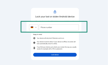 Google Remote Lock, highlighting the phone number field and Lock device button.