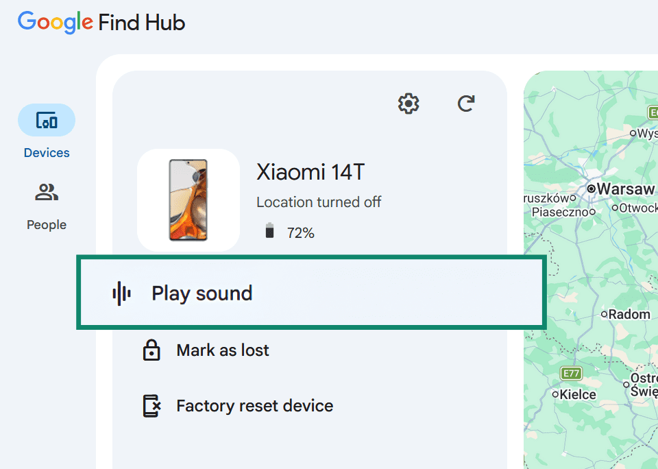 Google Find Hub, highlighting the Play sound button.