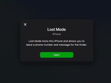 Apple Lost Mode, highlighting the Next button.