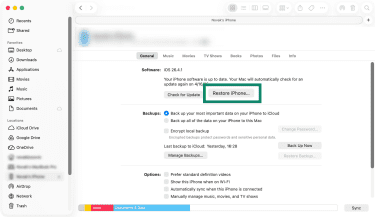 Windows' Apple Devices app interface, showing a connected iPhone and the Restore iPhone button in focus.