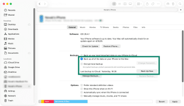 Windows' Apple Devices app interface with a highlight over the backup features.