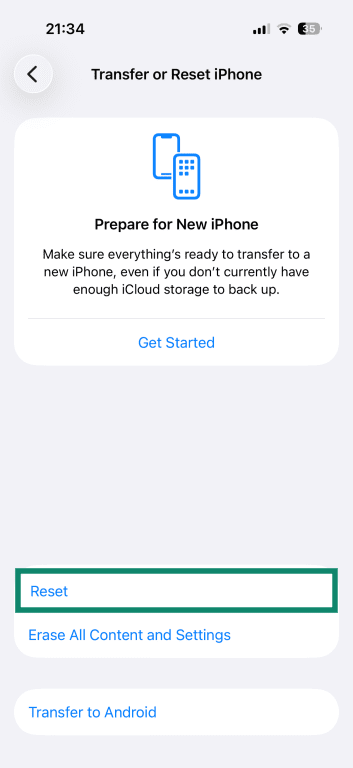 iPhone Transfer or Reset iPhone settings, with the Reset option highlighted.