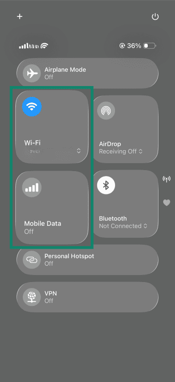 iPhone Control Centre, with the Wi-Fi and Mobile Data options highlighted.