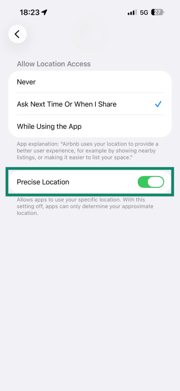 A toggle for Precise Location on iPhone, which lets you disable this feature for a specific app.