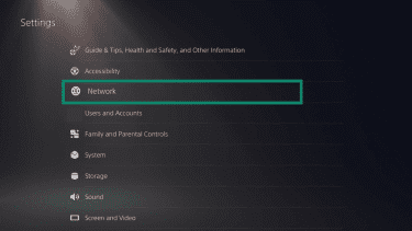 The Settings screen of a PS5, showing the Network menu option.