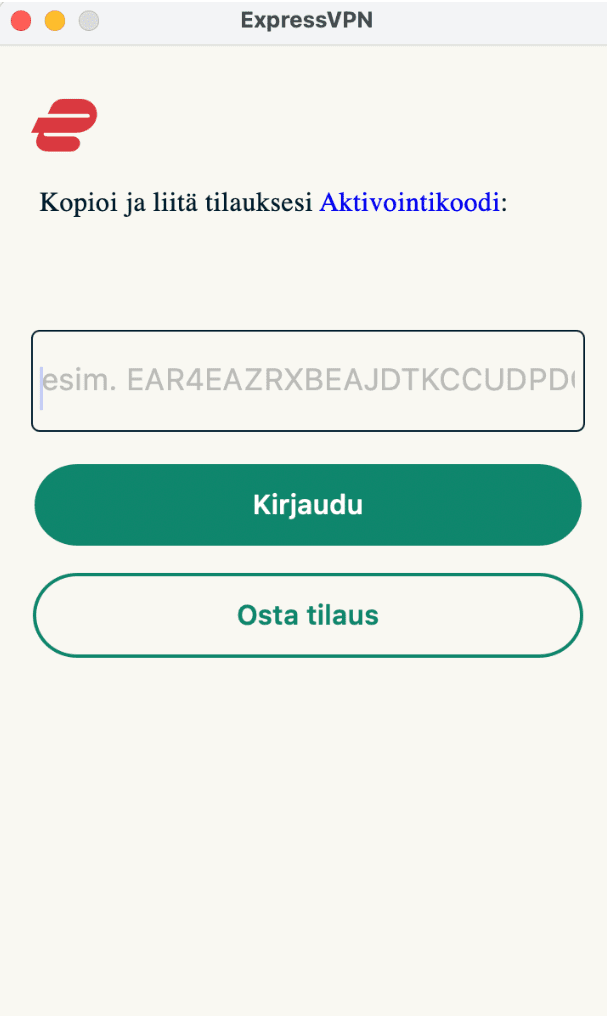 ExpressVPN app with the options to activate a user