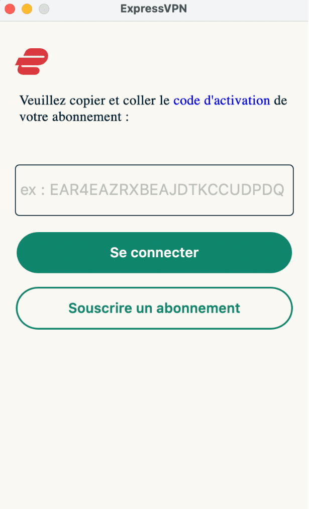 ExpressVPN app with the options to activate a user