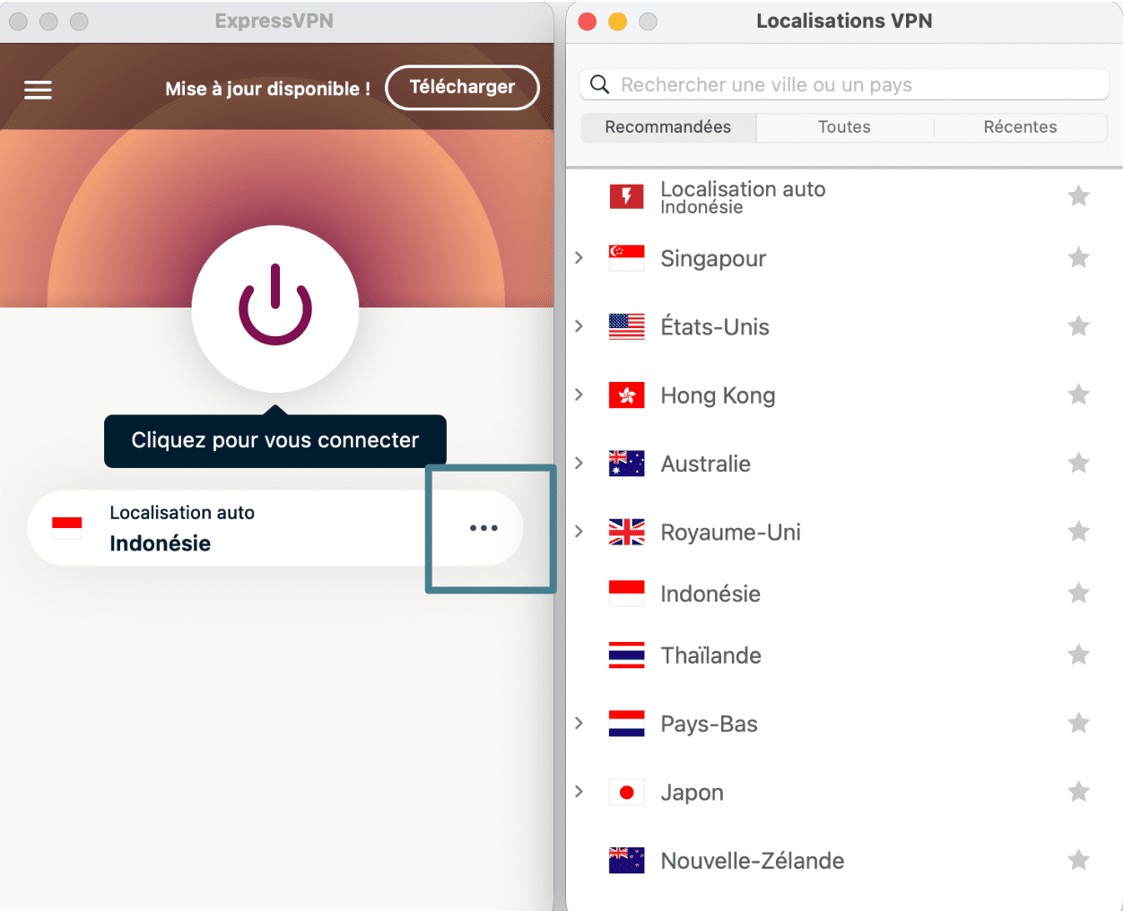 ExpressVPN app with the three-dots button enlarged and a list of servers