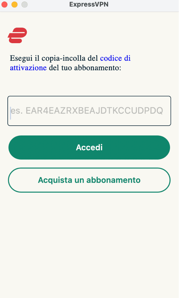 ExpressVPN app with the options to activate a user