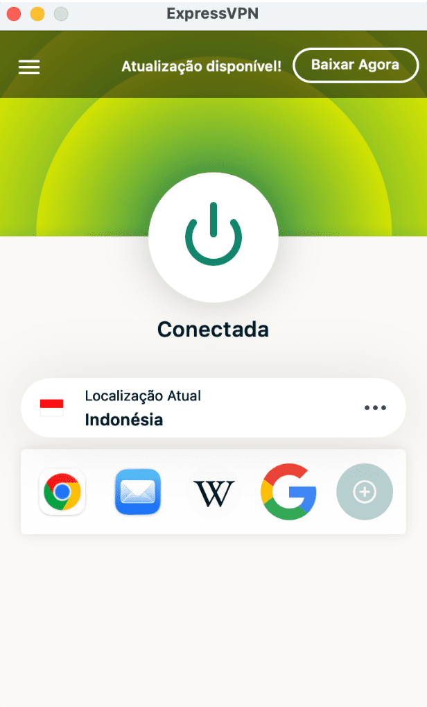 The main ExpressVPN app window, showing the green Connected button