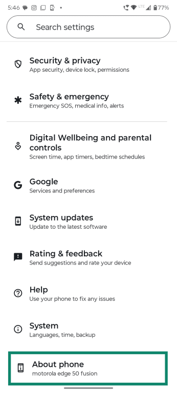 Android settings page with the About phone option highlighted.