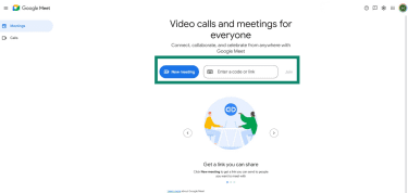 New meeting or Enter a code or link option to Join meeting in Google Meet on desktop
