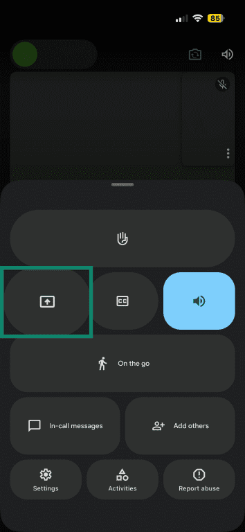Share screen icon in the Google Meet mobile app