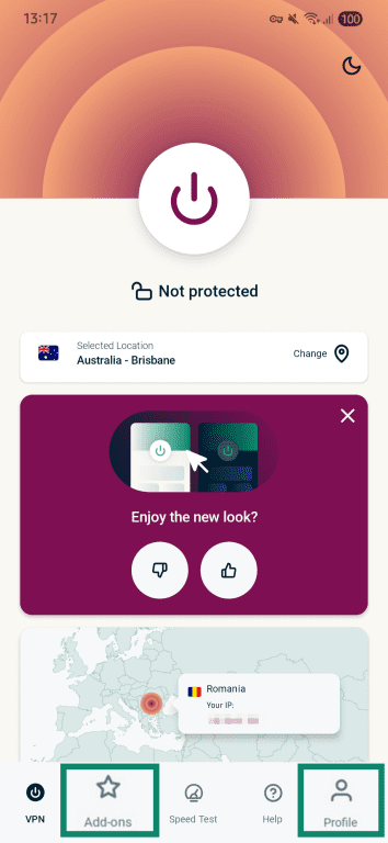 ExpressVPN mobile app showing the "Add-ons" and "Profile" options highlighted.