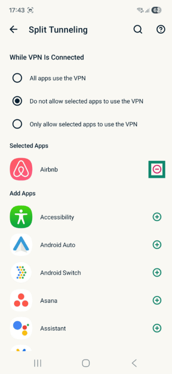 Split tunneling settings on ExpressVPN Android app.