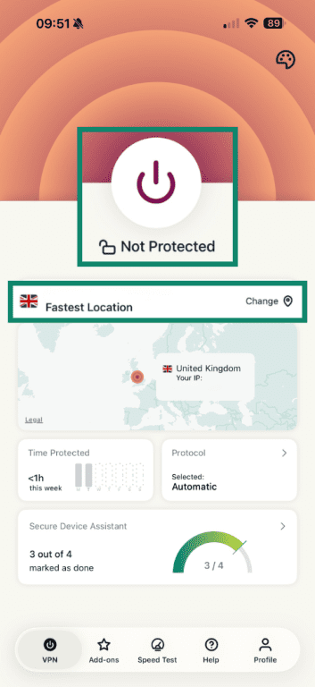 ExpressVPN UI showing the connection and fastest location button.