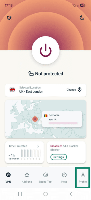 Profile settings on ExpressVPN Android app.