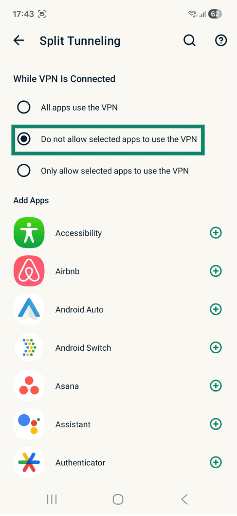 Split tunneling settings on ExpressVPN Android app.