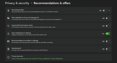 Recommendations & offers and its options to turn off Personalized offers, Allow websites to access my language list, Improve Start and search results, Recommendations and offers in Settings