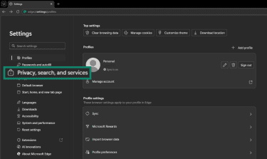 Privacy, search, and services under Settings in Edge.