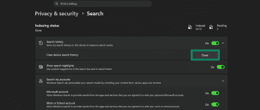 Clear button next to Clear device search history.