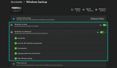 Review backup categories in Windows backup settings.