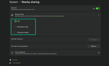 Nearby sharing and its options to turn off, My devices only, and Everyone nearby, under System in Windows Settings.