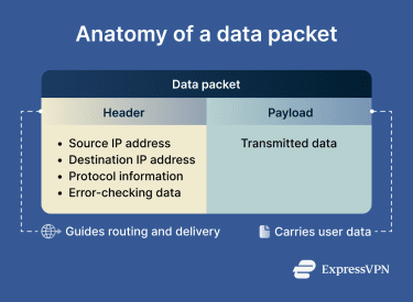 Data packet diagram showing header with routing information and payload with transmitted data