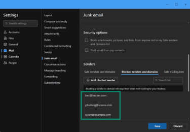 How to add multiple addresses to the blocked senders and domains list in the new Outlook