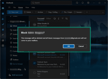 Confirmation prompt for blocking senders in the new Outlook for Windows