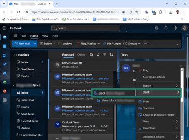 How to access the block sender option in Outlook on the web