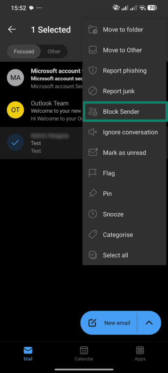 How to access the Block Sender option in Outlook for Android
