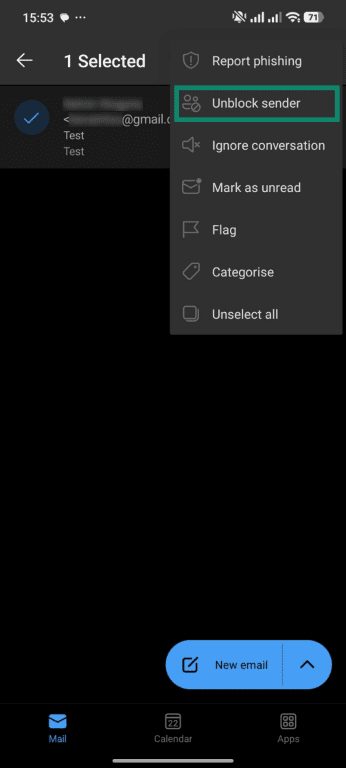 How to unblock a sender in the Outlook Android app.