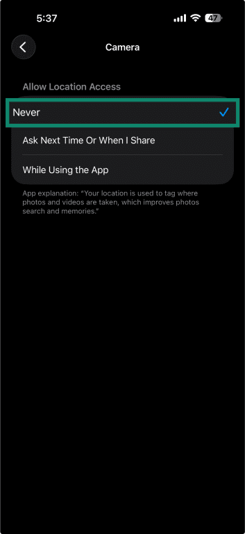 How to disable location services for an iPhone's camera.
