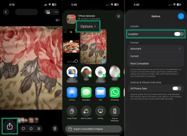 How to not include a location tag when sharing a photo from an iPhone.