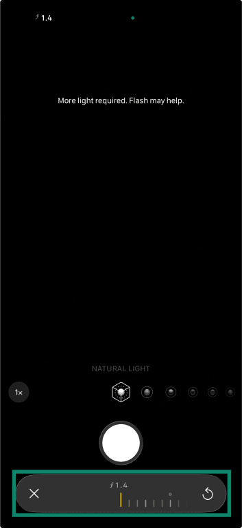 Aperture control slider on an iPhone camera using Portrait mode.