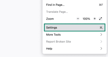 Firefox's "Settings" options in the browser's main menu on desktop.