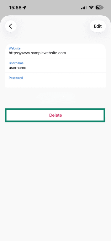 A panel showing a single saved password in Firefox for iOS, with a highlight over the Delete button.