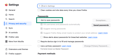 The "Ask to save passwords" option in Firefox's Passwords section in settings on desktop.