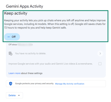 Turning the Keep activity feature off on the Gemini app.