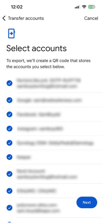 Account selection process on Google Authenticator