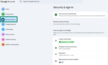 Google Account Security & sign-in settings page on desktop.