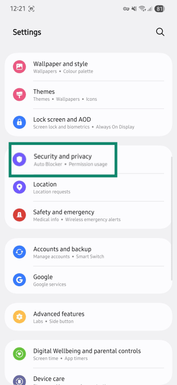 Android Settings menu with Security and privacy highlighted.