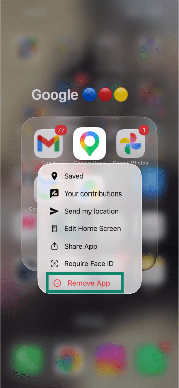 iPhone app menu showing the “Remove App” option after pressing and holding a Google app icon.