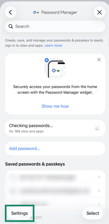 Screenshot showing the Settings menu highlighted in Google Password Manager for iOS.