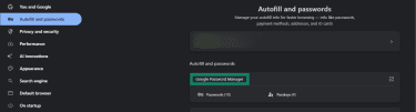 Screenshot showing the Google Password Manager option highlighted in Google Chrome's settings.