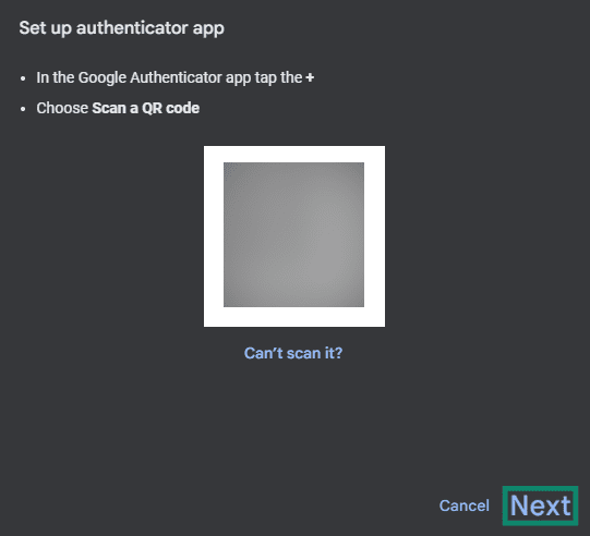 Screenshot of Google showing a QR code to scan to set up an Authenticator app with the Next button highlighted.