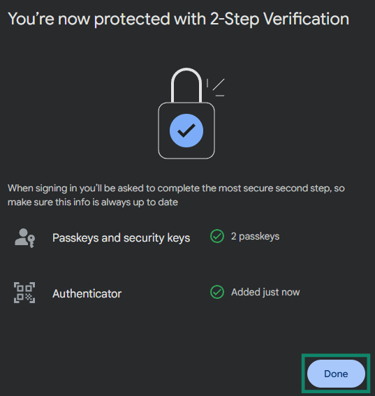 Screenshot showing the completion of setting up 2-Step Verification on Google with the Done option highlighted.